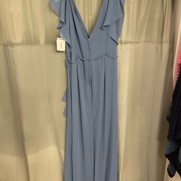 BNWT- David’s Bridal Flutter Sleeve Bridesmaid Dress with Cascade : Steel Blue - Picture 2 of 15